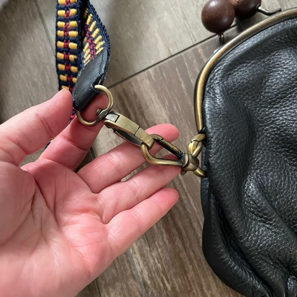 Erva Black Pebbled Leather Purse Navy Texture Strap Wooden Kiss Lock $420